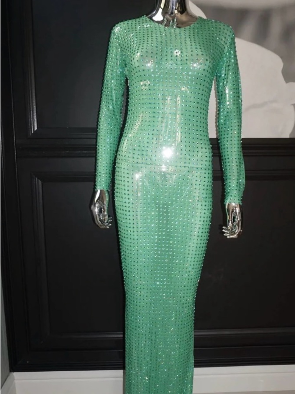 Mint Green Long Sleeve Embellished Evening Dress